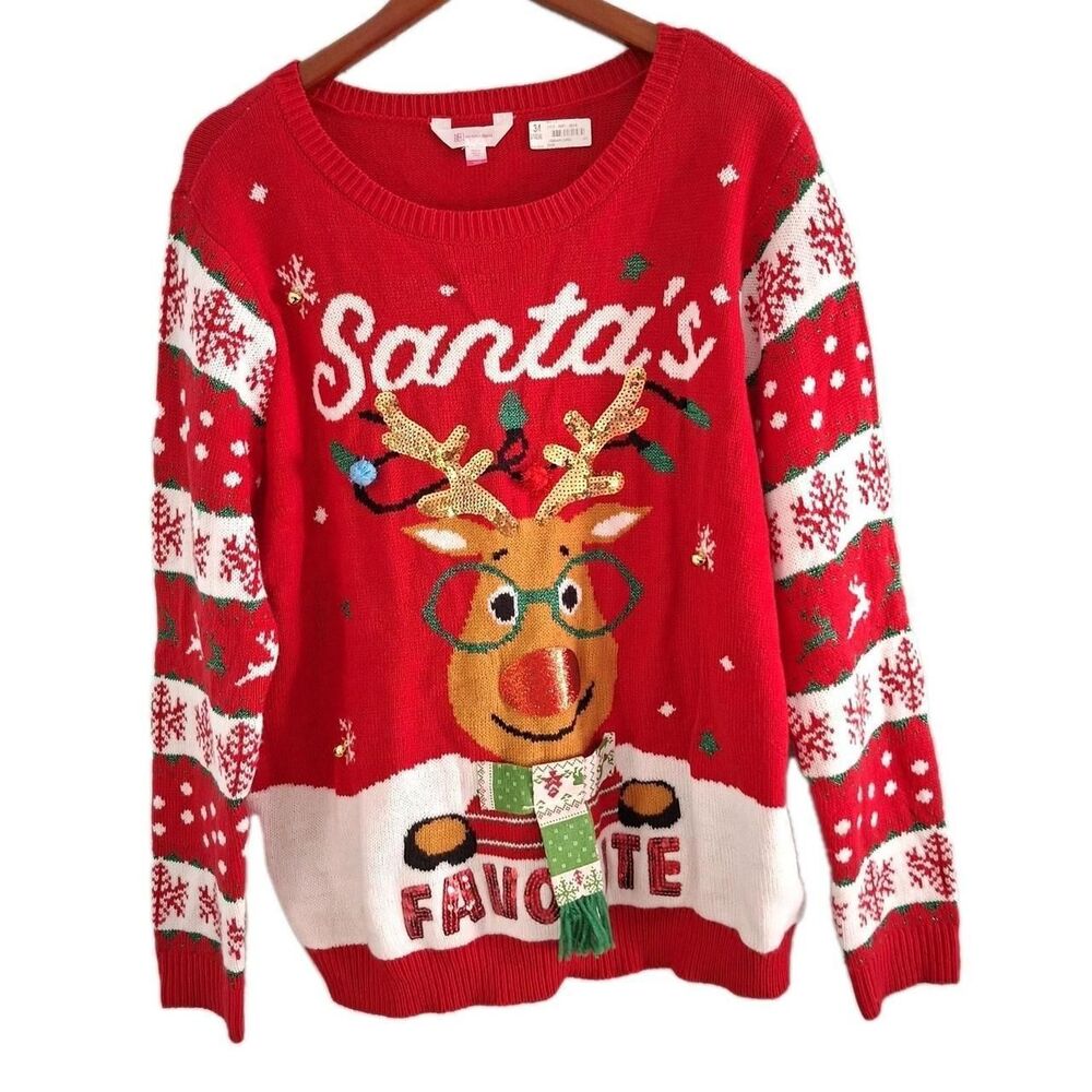 No Boundaries Christmas Sweater 3XL Womens Red Santa Rudolph Reindeer Pullover